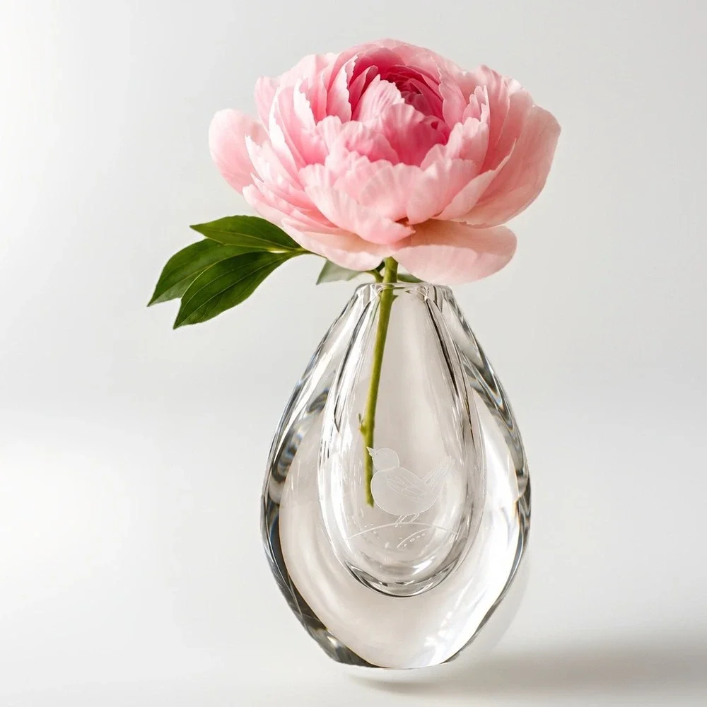 Vintage Orrefors Crystal Bud Vase Signed Scandinavian Art Glass Etched Bird